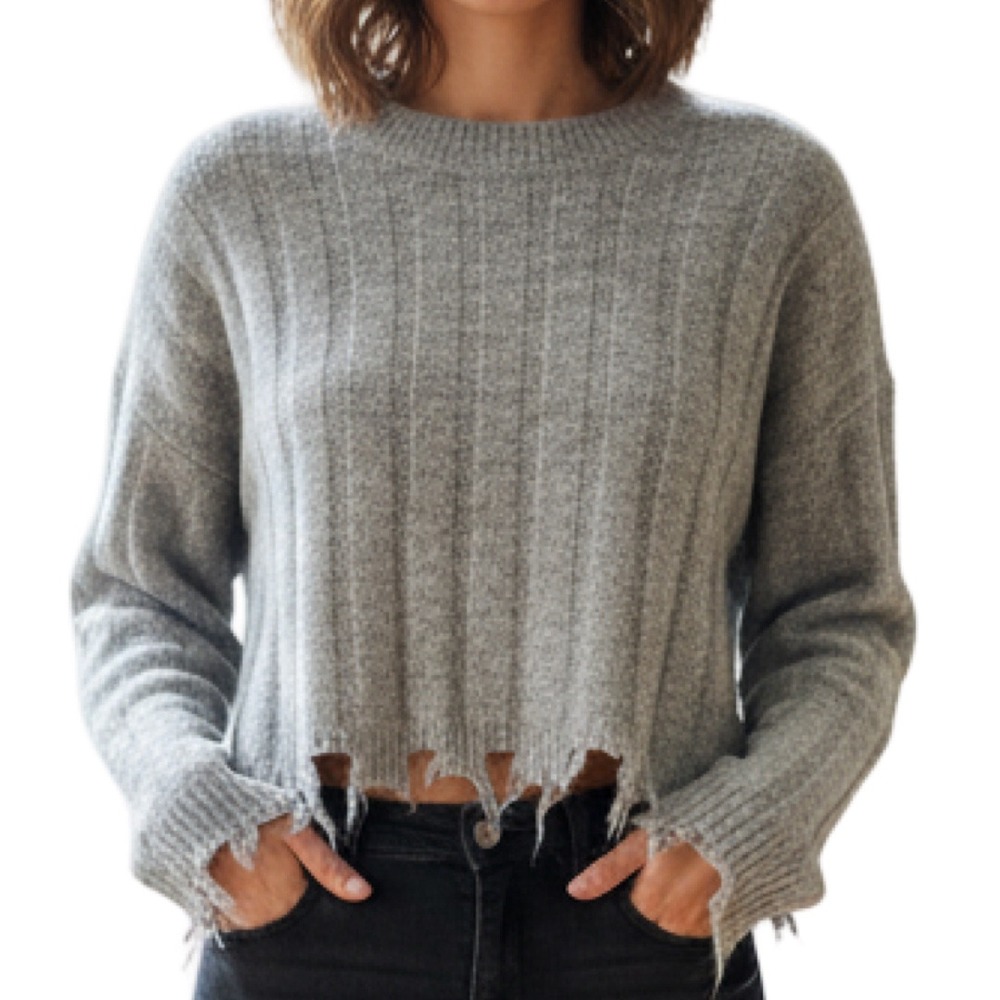 Double Zero Gray Crop Sweater Lovely Large Frayed Hem Oversized Ribbed Knit Sz L
